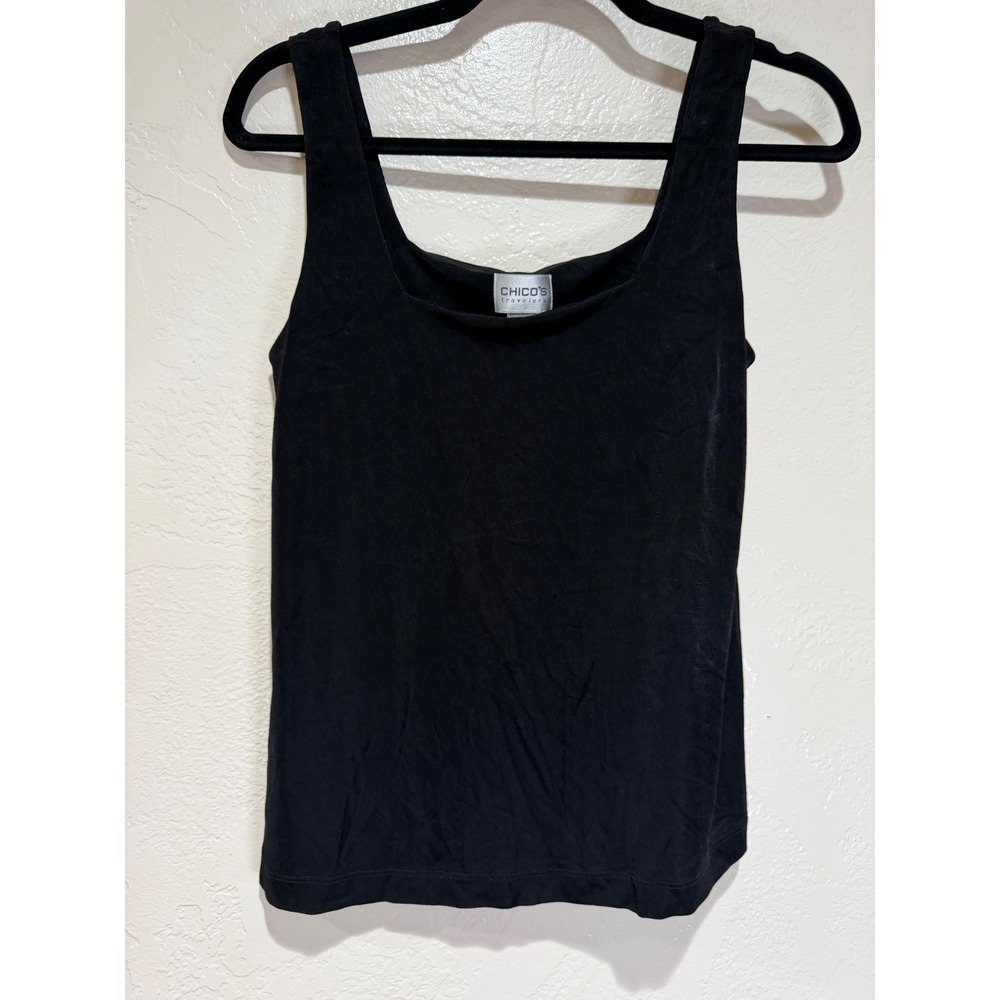 Chicos Travelers Black Square Neck Tank Top Sleeveless Stretch Size 1 M Made USA